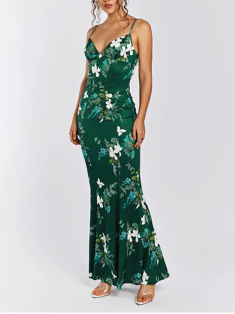 Floral V-neck Spaghetti Straps Maxi Dress