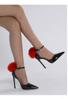 Red Pompom Leather Thin High Heel