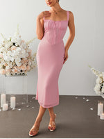 Pink Lace Tie-Up Mesh Ruched Long Dress