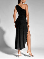 One Shoulder Sequin Mesh Slit Ruffles Party Dress