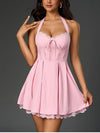 Halter Tie Up Lace Double Layers Ruched Dress