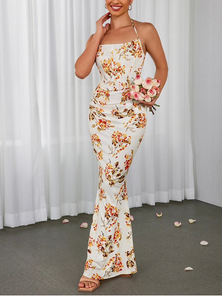 Halter Floral Backless Bodycon Maxi Dress