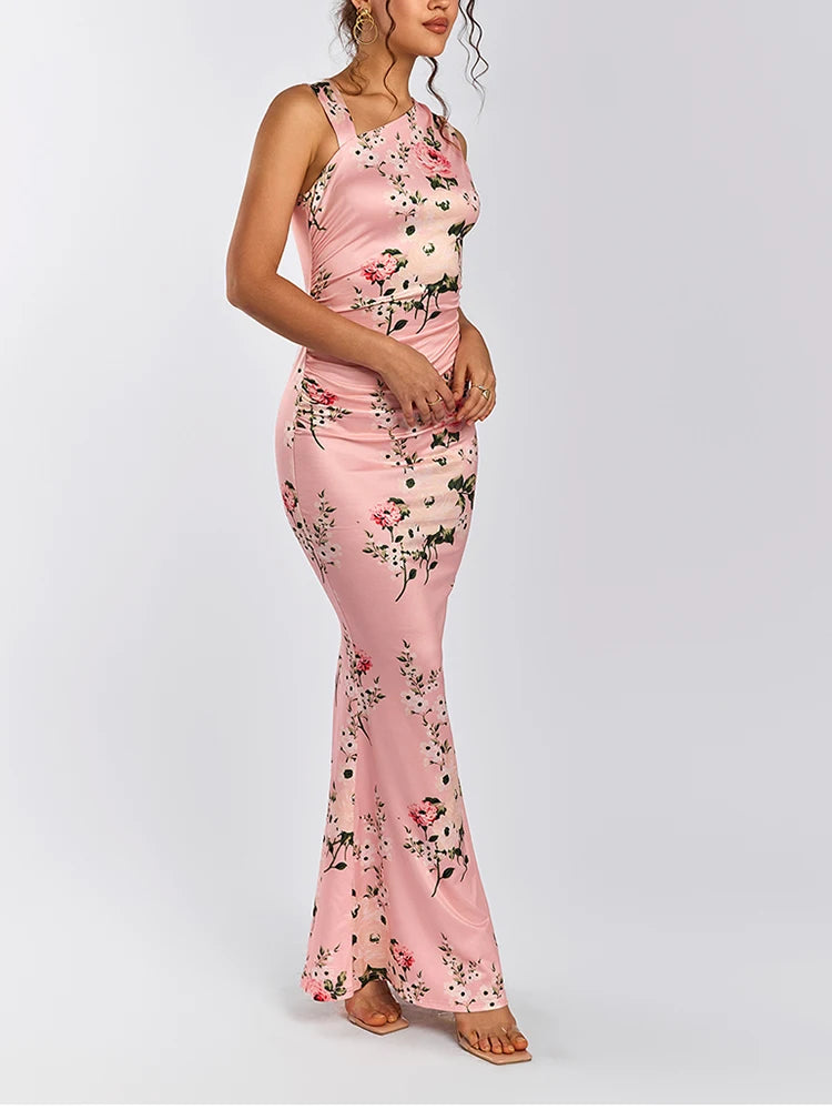 Floral Asymmetric Neck Mermaid Dress