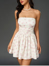 Double Layers Strapless Floral Bow Ruched Mini Dress