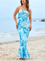 Blue Sea Strapless Ruched Mesh Double Layer Dress