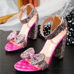 Sparkles Bow Strap Ankle Buckle Thick High Heel