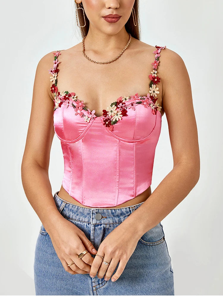 Flower Strap Satin Corset Top