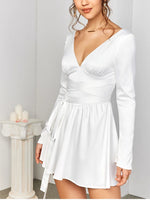 Satin V-Neck Tie-Up Ruched Dress