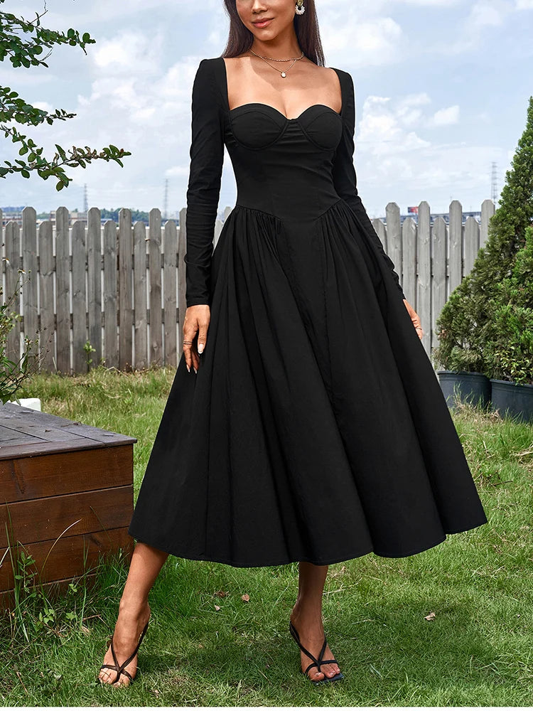 Long Sleeve Corset Back Tie-Up Long Dress