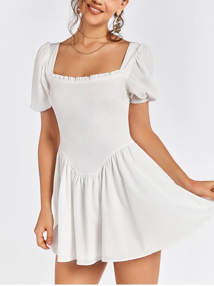 White Puff Sleeve Square Neck Backless Mini Dress