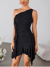 One Shoulder Ruffled Mesh Ruched Dress