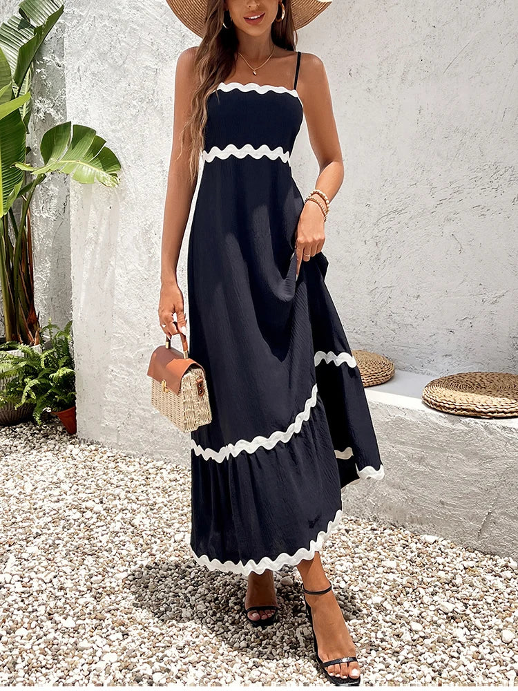 Adjustable Straps Patchwork Ruched Maxi Dress