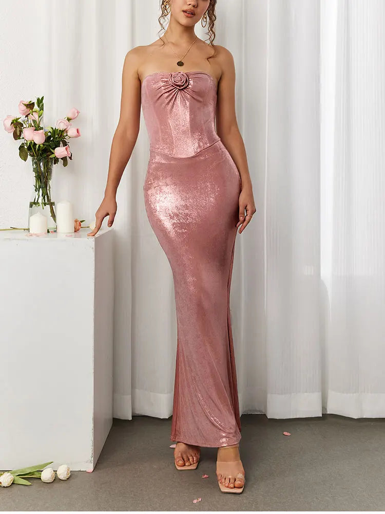 Rose Applique Strapless Fishbone Maxi Dress