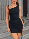 Tie-up One Shoulder Strap Ruched Black Dress