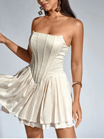 Beige Strapless Satin Corset Double Ruffle Dress