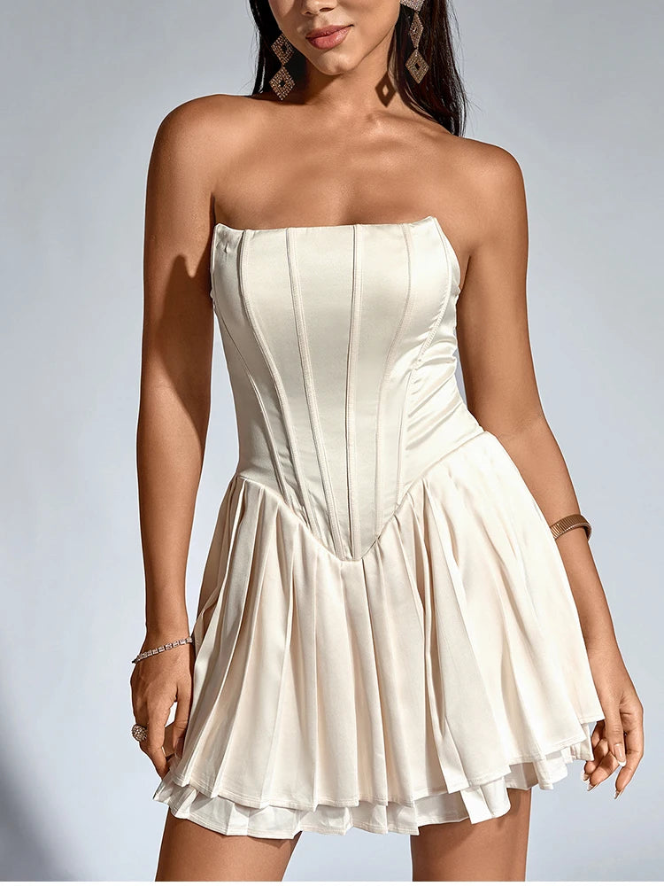 Beige Strapless Satin Corset Double Ruffle Dress