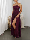 Red Wine Sleeveless Side Slit Ruched Maxi Dress