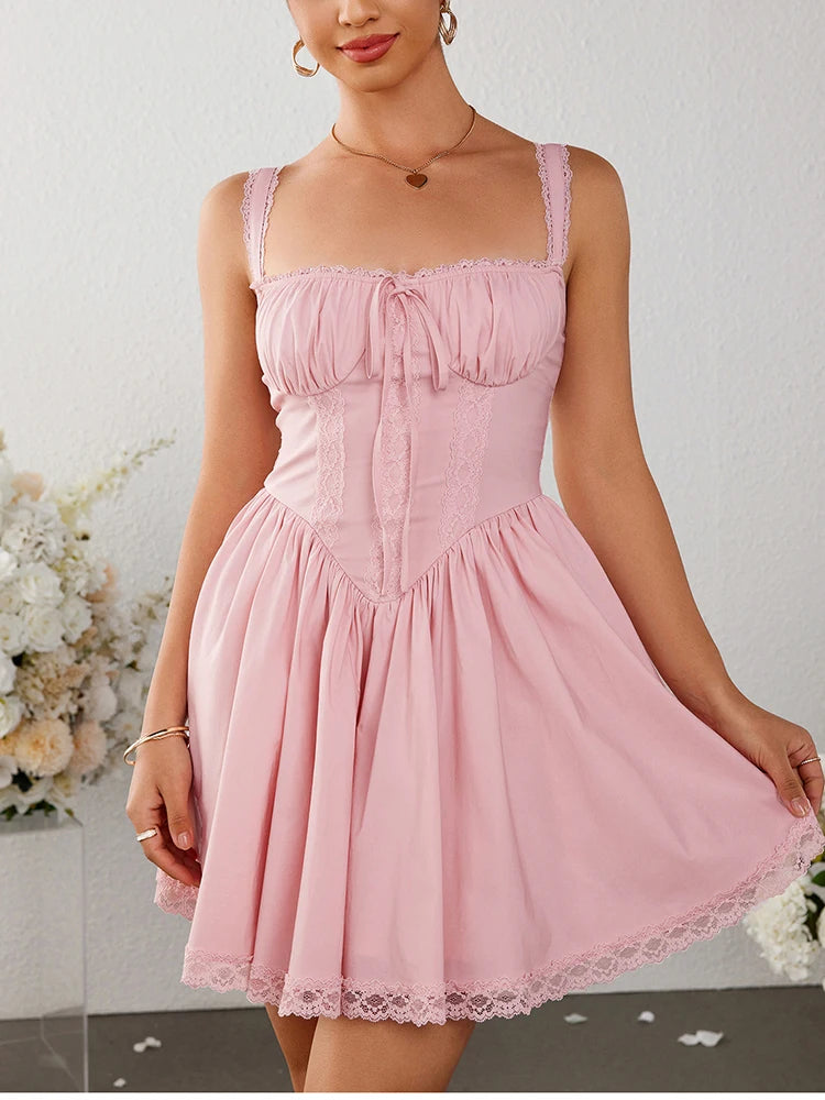 Lace Spaghetti Straps Corset Tie-Up Ruched Dress