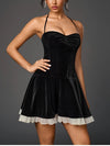 Halter Contrast Velvet Double Layer Corset Dress