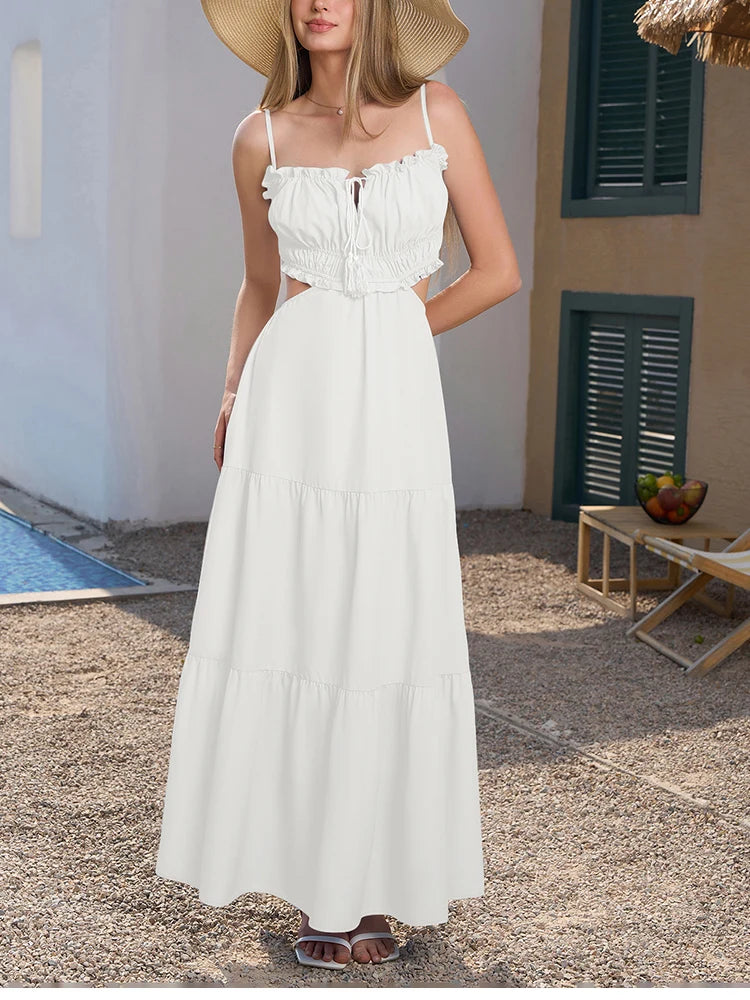 Adjustable Straps Backless Ruffled Lace-up Beach Dress