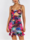 Floral Halter Cut-out Ruched Ruffled Hem Dress