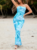 Blue Sea Strapless Ruched Mesh Double Layer Dress