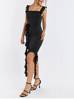 Black Applique Ruffle Square Neck Dress