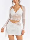 Mesh Long Sleeve V-Neck Top & Pencil Lace Skirt Set