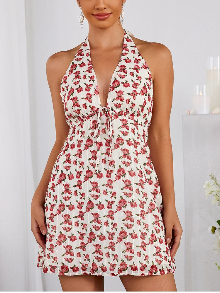 Halter V-Neck Backless Floral Tie Up Dress