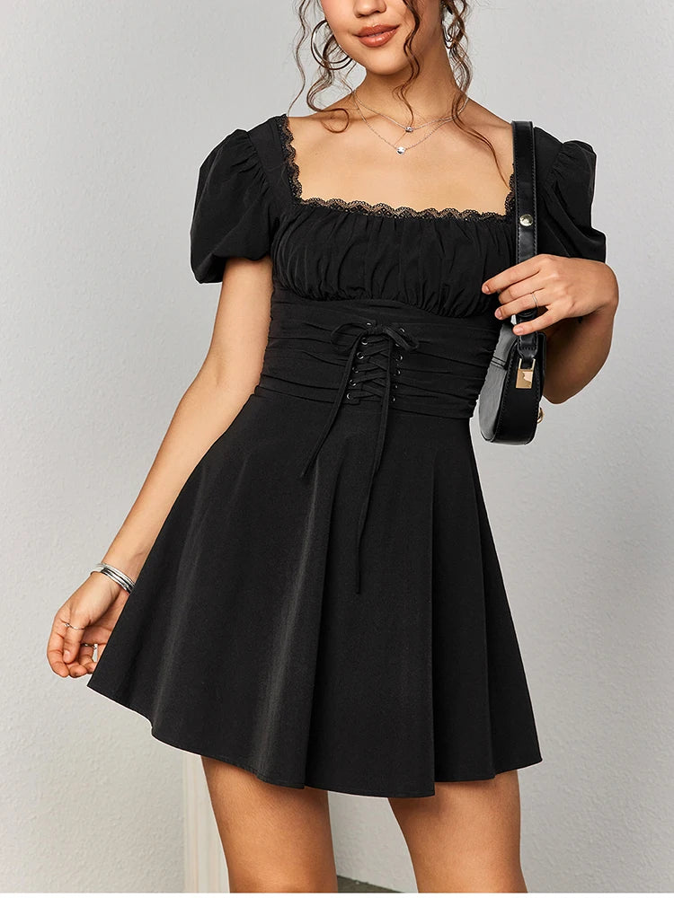 Lace Puff Sleeve Waist Tie-Up Square Neck Dress