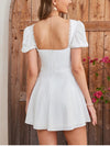 Lace Puff Sleeve Waist Tie-Up Square Neck Dress