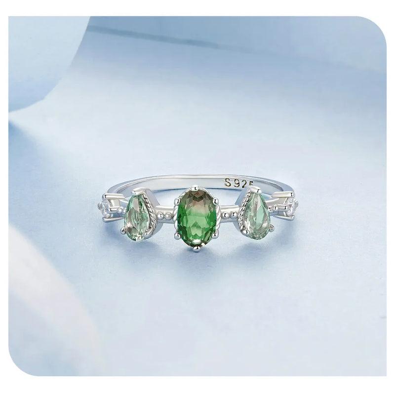 925 Silver Green Glass Band Plated Ring