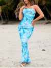 Blue Sea Strapless Ruched Mesh Double Layer Dress