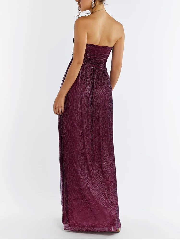 Red Wine Sleeveless Side Slit Ruched Maxi Dress