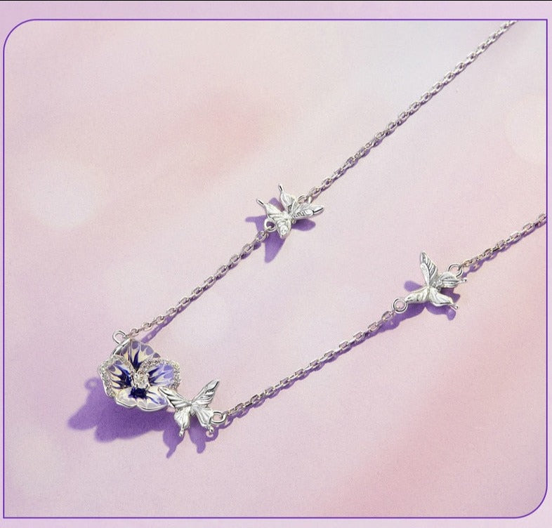 Sterling Silver Purple Flower & Butterfly Necklace