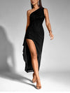 One Shoulder Sequin Mesh Slit Ruffles Party Dress