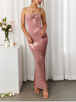 Rose Applique Strapless Fishbone Maxi Dress