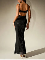 Sparkle Sequin Mesh Built-in Cups Double Layer Long Dress