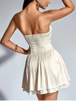 Beige Strapless Satin Corset Double Ruffle Dress