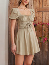 Lace Puff Sleeve Waist Tie-Up Square Neck Dress