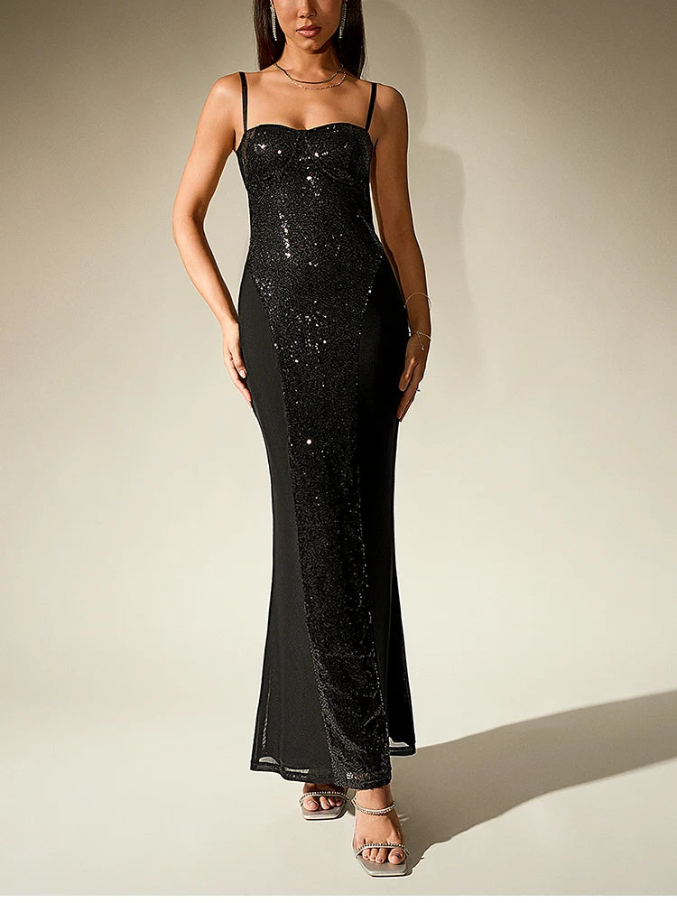 Sparkle Sequin Mesh Built-in Cups Double Layer Long Dress