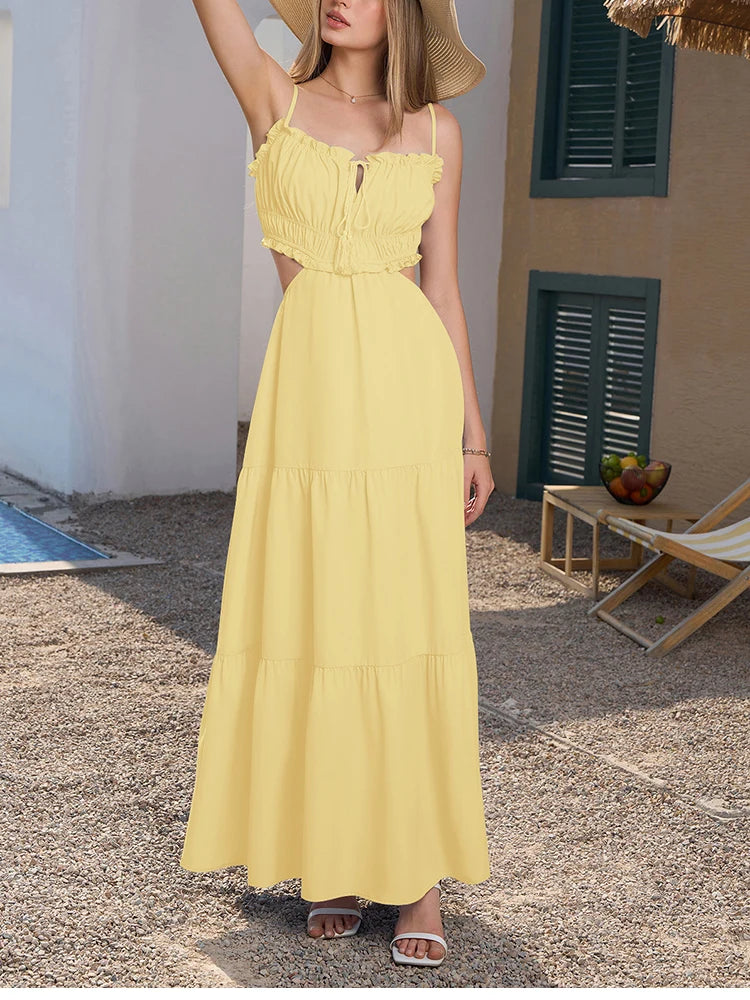 Adjustable Straps Backless Ruffled Lace-up Beach Dress