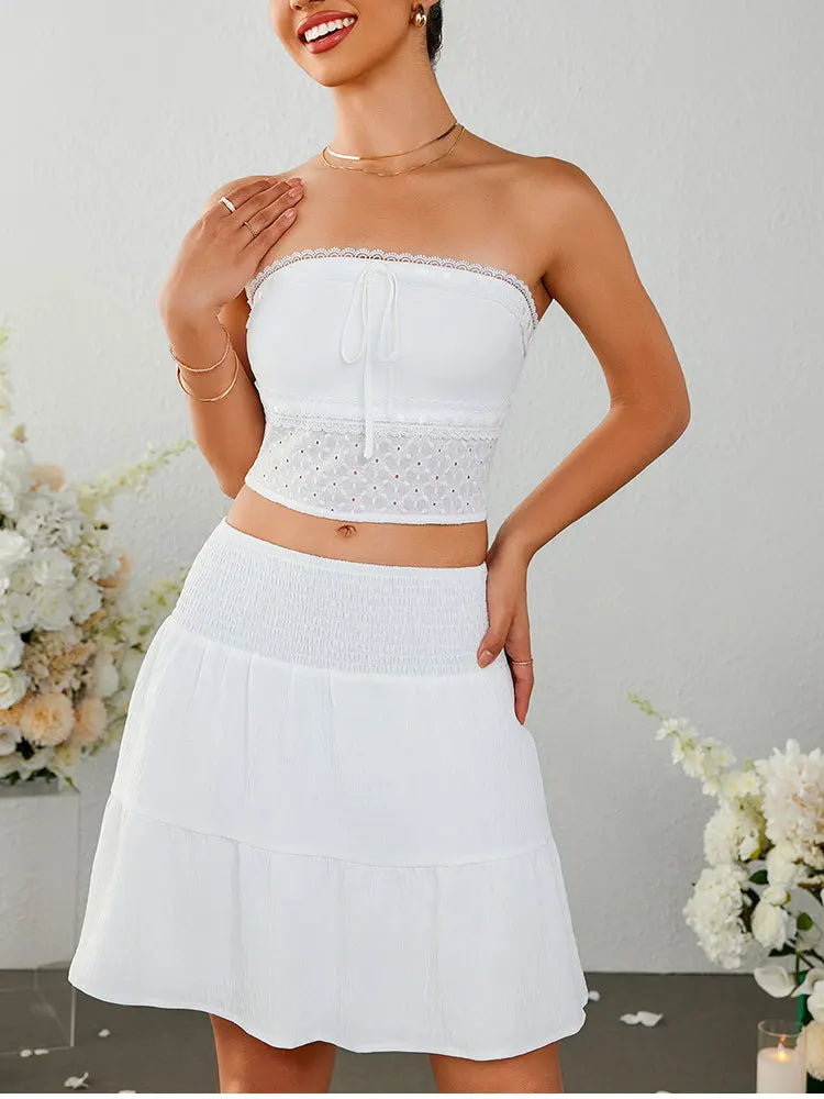 Strapless Bow Tie Lace Crop + Ruched Skirt Set