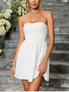 White Strapless Jacquard Ruched  Dress