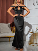 Off-Shoulder Backless Cut-Out Satin Maxi Dress