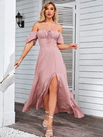 Off Shoulder Tie-Up Side Split Ruched Dress