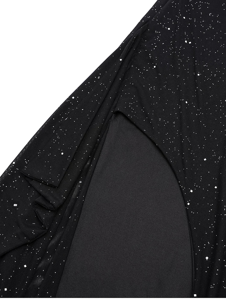 One Shoulder Sequin Mesh Slit Ruffles Party Dress