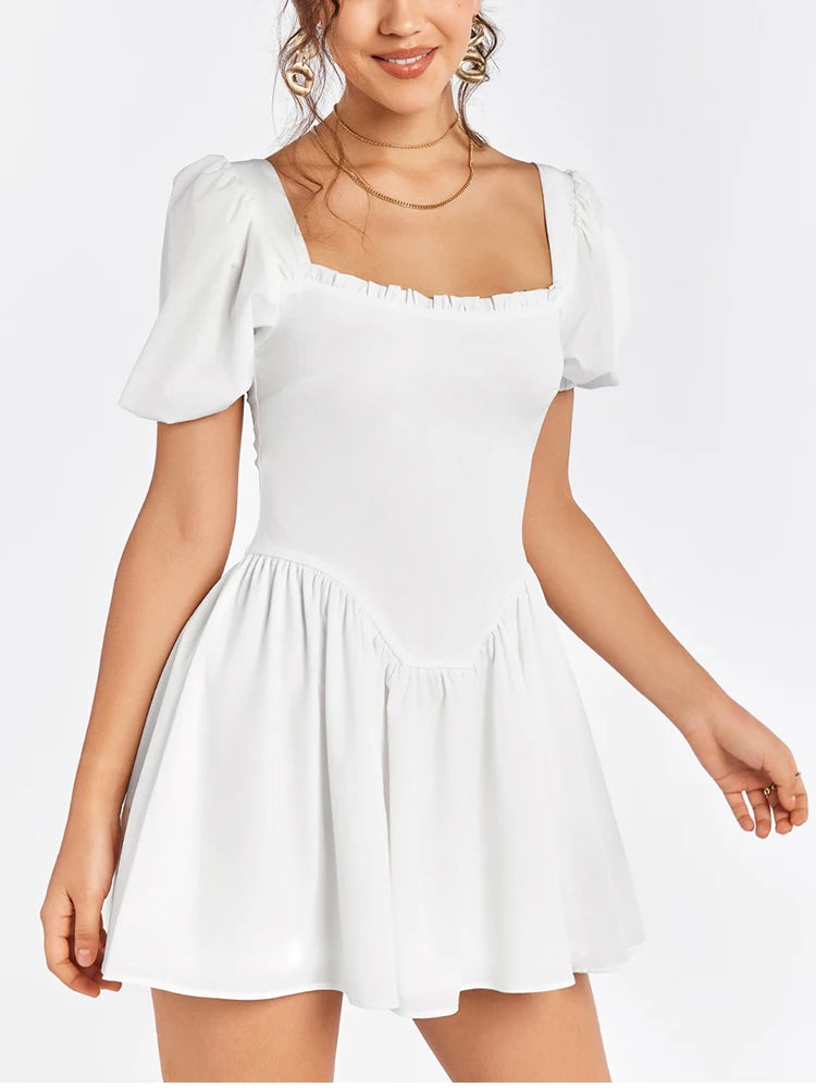 White Puff Sleeve Square Neck Backless Mini Dress