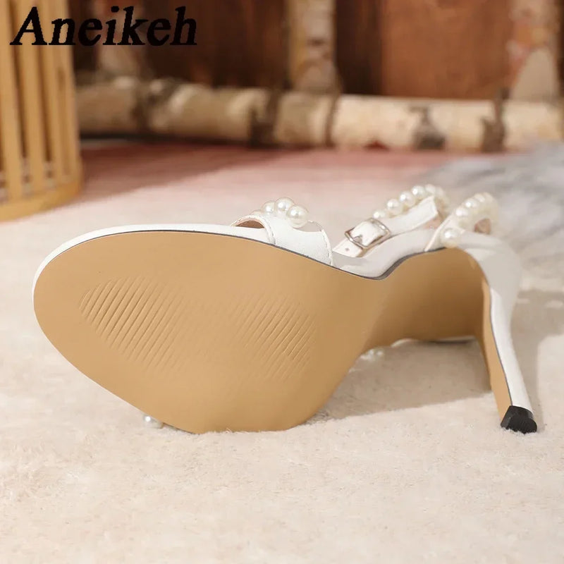 Pearls Ankle Strap Thin High Heels Sandals