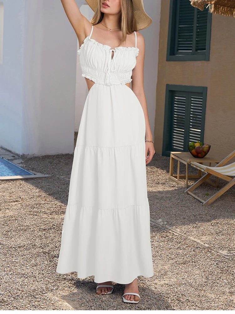 Adjustable Straps Backless Ruffled Lace-up Beach Dress
